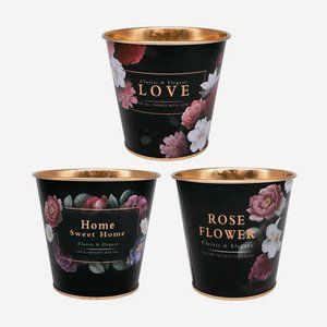 3 Piece Set - Decor Floral Galvanized Plant Pots, Metal Cans